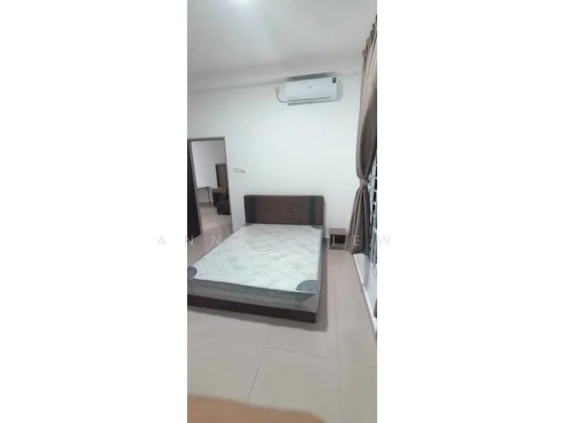 Bedroom features: king-size bed frame, mattress, wall-mounted split AC, light-colored walls, tiled flooring, curtains, window, built-in wardrobe; style: modern.