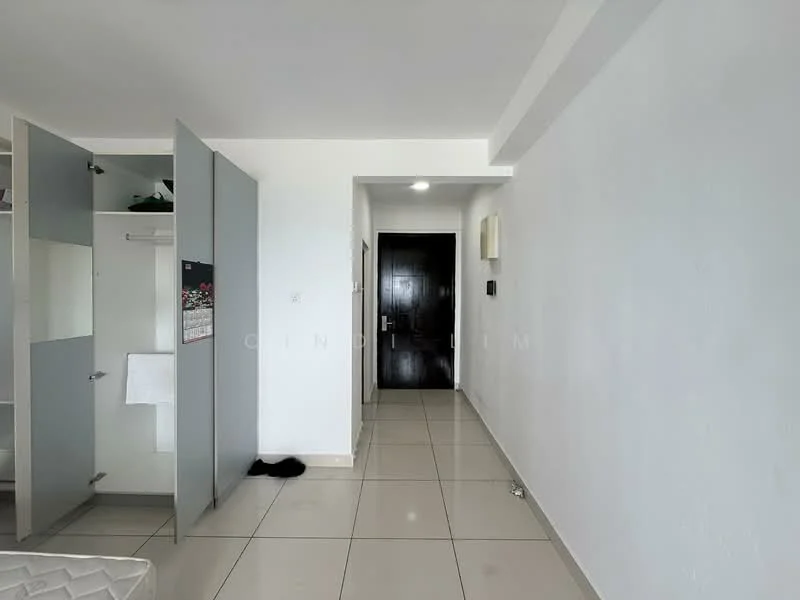 Room features: white painted walls, tile flooring, open hallway, doorway, sliding closet doors, light fixture, mirror, towel rack; style: modern.