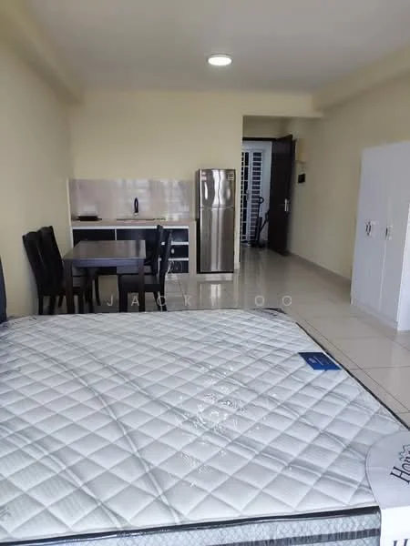 Room features: cream painted walls, tile flooring, refrigerator, dining table with four chairs, kitchenette with cabinets, stainless-steel sink, single-bowl stainless-steel sink, wall-mounted light fixture, window with blinds, mattress on bed frame, open layout; style: modern.