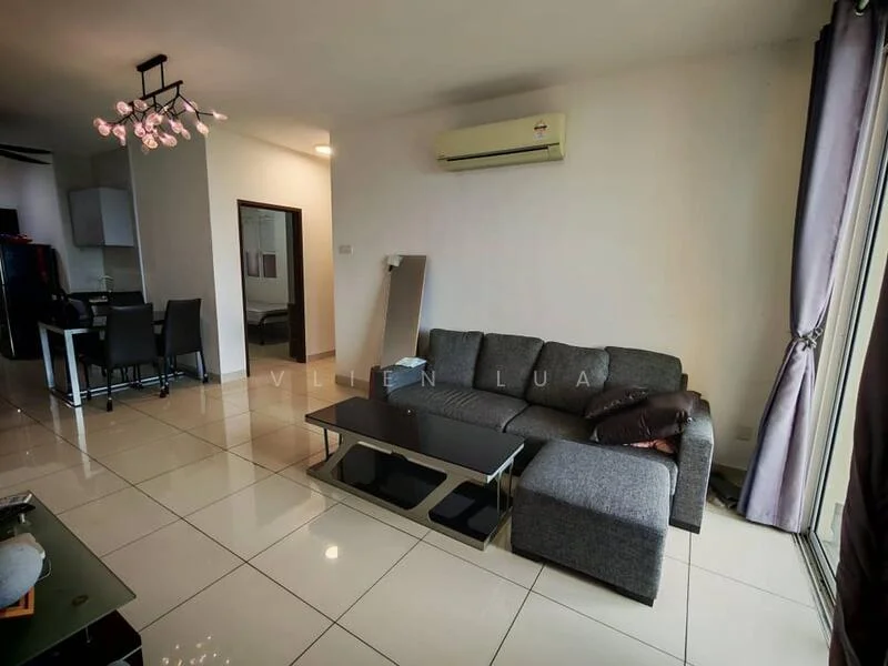 Living features: grey fabric 3-seater sofa, glass coffee table, white painted walls, polished ceramic tile flooring, ceiling-mounted air conditioning unit, chandelier with multiple bulbs, floor-to-ceiling windows with sheer curtains, decorative mirror, TV console, area rug; style: modern.