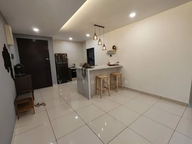 Kitchen features: white painted walls, grey accent wall, glossy ceramic tile flooring, recessed downlights, pendant lights over countertop, kitchen island with seating, stainless-steel fridge, open shelving, bar stools, countertop with stone finish; style: modern.