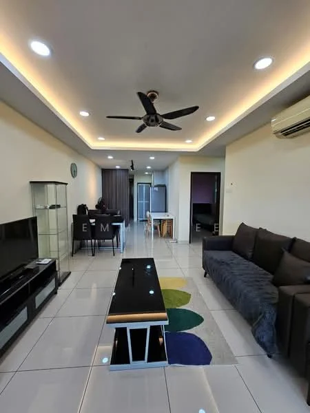 Living features: 5-blade ceiling fan with light, recessed LED downlights, wall-mounted TV, black coffee table, sofa in dark grey fabric, white tiled flooring, decorative area rug with colorful pattern, glass display cabinet, air conditioning unit, open layout to dining area, neutral painted walls, curtains on windows; style: modern.