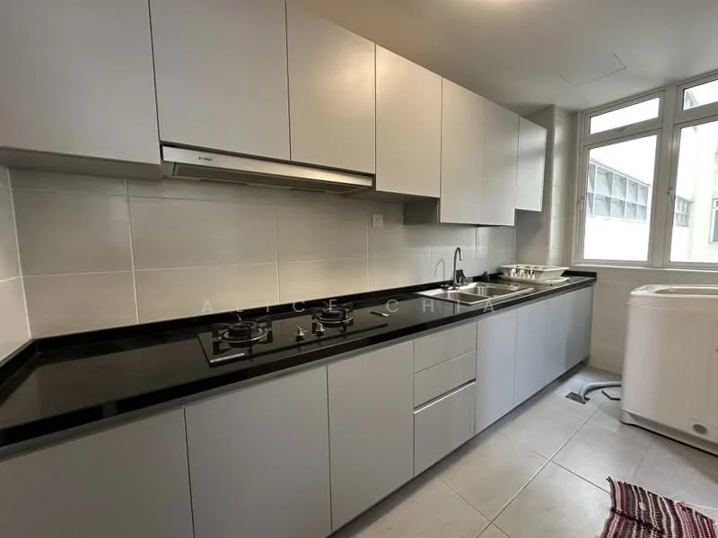 Kitchen features: grey flat-panel cabinets, black granite countertop, stainless-steel sink, chrome pull-down faucet, 2-burner gas hob, built-in range hood, white tiled backsplash, ceramic tile flooring, window with natural light, washing machine, open shelving; style: modern.