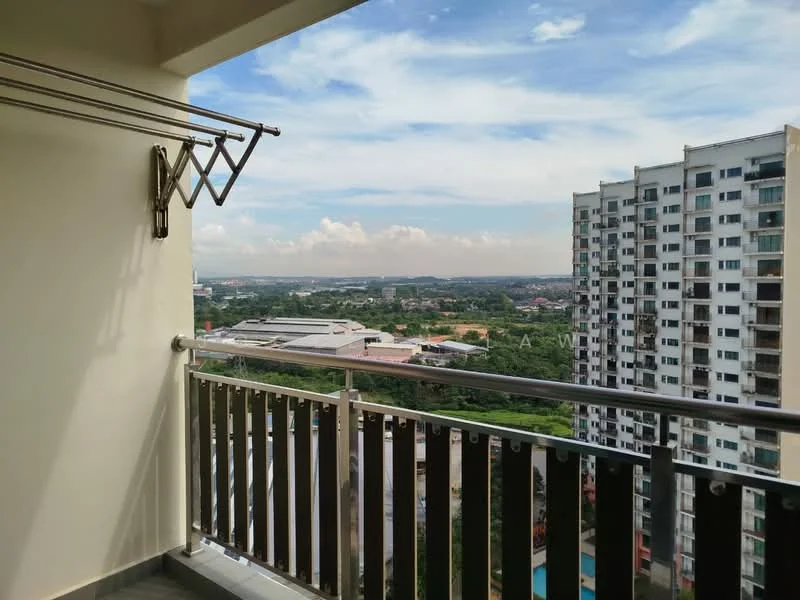 Room features: balcony with railing, clothes drying rack, city view, concrete flooring, white painted walls, glass sliding door, metal railing; style: modern; view: city.