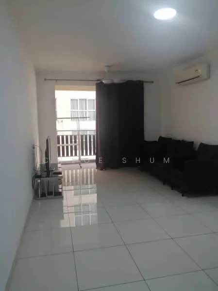Living features: white painted walls, glossy ceramic tile flooring, 5-blade ceiling fan with light, wall-mounted split AC, black fabric sofa, TV console, flat-screen TV, curtains, floor-to-ceiling windows, sliding glass door, balcony view; style: modern; view: city.