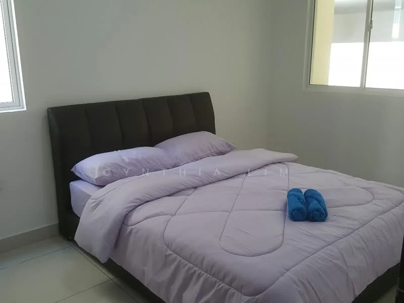 Bedroom features: king-size bed with upholstered headboard, lavender bedding, two blue towels on bed, white painted walls, tile flooring, floor-to-ceiling window, natural light from window; style: modern.