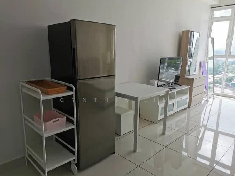 Living features: grey stainless-steel fridge, white dining table, white chairs, wall-mounted TV, light wood TV console, white storage cart, glossy tile flooring, large windows with city view, neutral wall color; style: modern; view: city.