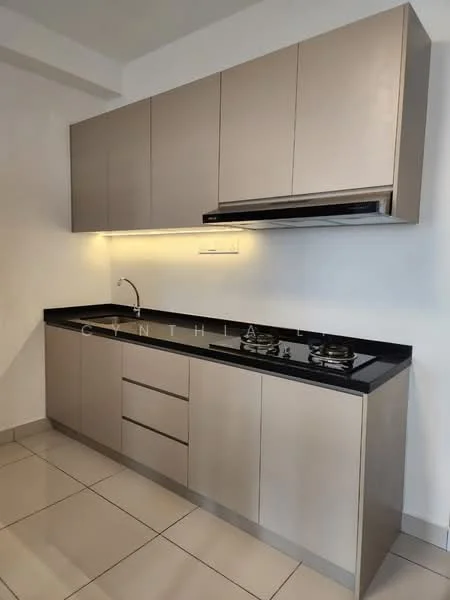 Kitchen features: stainless-steel sink, chrome pull-down faucet, black granite countertop, built-in gas hob with 2 burners, kitchen cabinetry in light grey finish, under-cabinet lighting, ceramic tile flooring, white painted walls; style: modern.