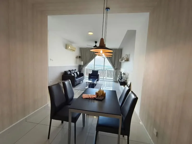 Dining features: 4-seater dining table, black dining chairs, pendant light fixture, white walls, tile flooring, air conditioning unit, open layout to living area, window with sheer curtains; style: modern; view: city. Living features: 3-seater fabric sofa in black, coffee table, floor-to-ceiling windows, curtains, wall-mounted TV, light-colored walls, tile flooring; style: modern; view: city.