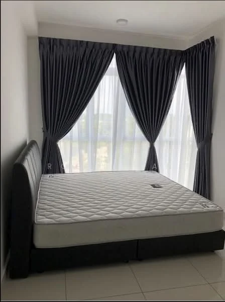 Bedroom features: queen-size bed base, mattress, floor-to-ceiling windows, sheer curtains, blackout curtains, white painted walls, tile flooring, ceiling light fixture; style: modern; view: city.