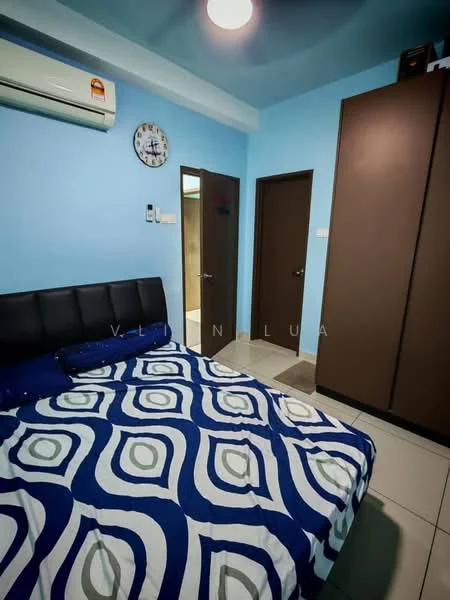 Bedroom features: queen-size bed with dark upholstered headboard, blue and white patterned bedding, 1 wall-mounted split AC, light blue painted walls, white ceiling, recessed ceiling light, dark wood wardrobe, clock on wall, tile flooring, door to bathroom, door to hallway; style: modern.