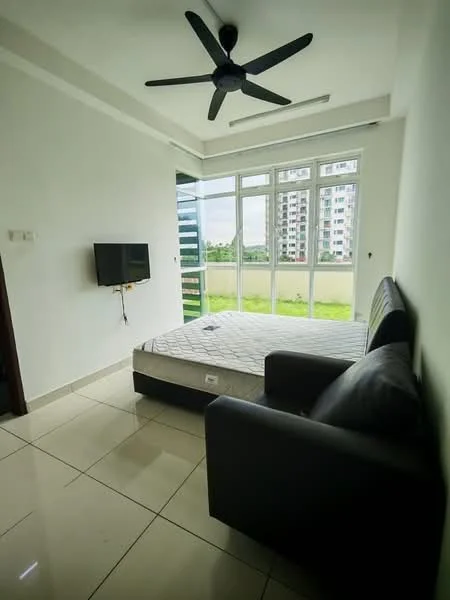Bedroom features: queen-size bed, black leather sofa, wall-mounted TV, 5-blade ceiling fan, white painted walls, tile flooring, floor-to-ceiling windows, green view from windows; style: modern; view: garden.