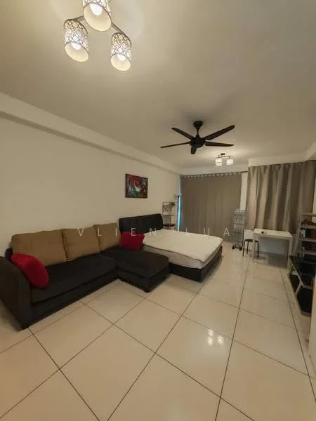 Living features: L-shape sectional sofa in dark brown, white walls, recessed downlights, 5-blade ceiling fan, large window with sheer curtains, tile flooring, decorative artwork on wall, small side table, bookshelf, study desk; style: modern.