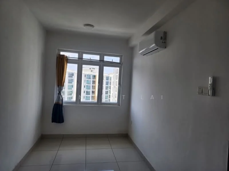 Room features: white painted walls, glossy ceramic tile flooring, floor-to-ceiling windows, curtains with blue and yellow colors, 1 wall-mounted split AC, ceiling light, neutral color scheme; style: modern; view: city.