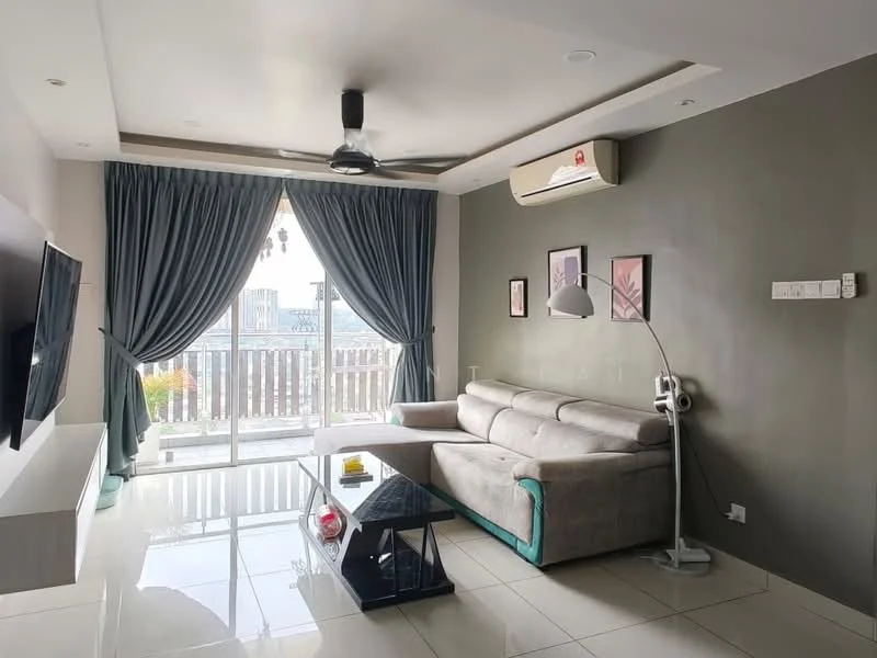 Living features: grey fabric sofa, glass coffee table, floor-to-ceiling windows, sheer curtains, blackout curtains, 5-blade ceiling fan with light, wall-mounted TV, recessed downlights, white painted walls, cream tiled flooring, decorative wall art, air conditioning unit; style: modern; view: city.