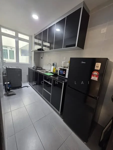 Kitchen features: black cabinetry with glossy finish, stainless-steel sink, chrome pull-down faucet, built-in gas stove, black refrigerator, grey tiled flooring, white walls, window for natural light, microwave on countertop, washing machine, kitchen countertop, open shelving above countertop; style: modern.