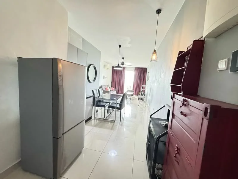 Living features: white painted walls, glossy tile flooring, 5-blade ceiling fan with light, round dining table, 4 dining chairs, stainless-steel fridge, wall-mounted air conditioning unit, decorative mirror, red wooden cabinet, black TV console, large window with curtains; style: modern.