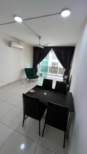 Dining features: black dining table, 4 black dining chairs, floor-to-ceiling windows, sliding glass door, grey curtains, white painted walls, white ceiling, recessed LED downlights, 1 wall-mounted split AC, tile flooring; style: modern; view: city.