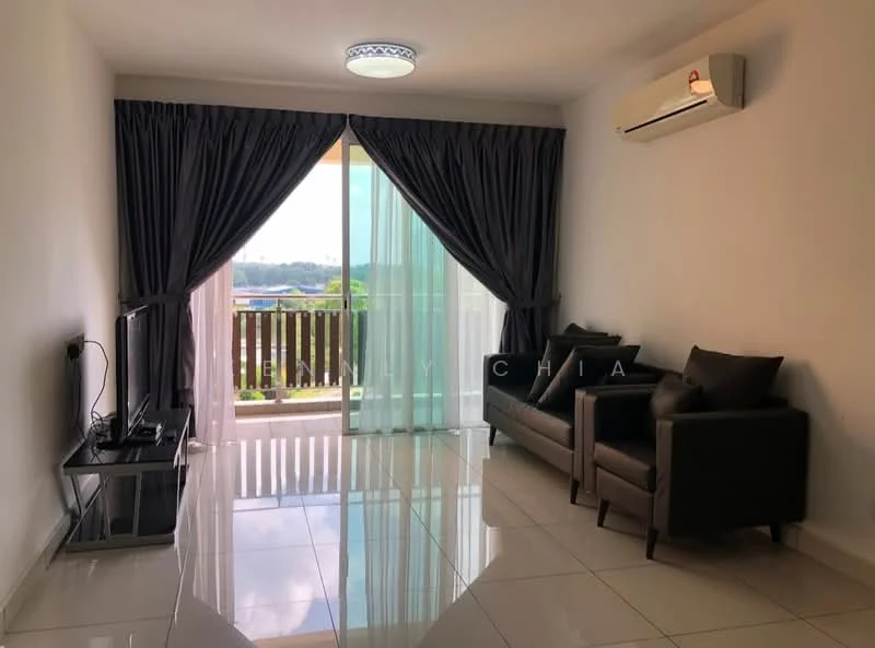 Living features: white painted walls, glossy tile flooring, 5-blade ceiling fan with light, floor-to-ceiling sliding glass door, sheer curtains, blackout curtains, TV console, wall-mounted TV, 2-seater fabric sofa in grey, 2 armchairs in dark fabric, decorative throw pillows; style: modern; view: garden.