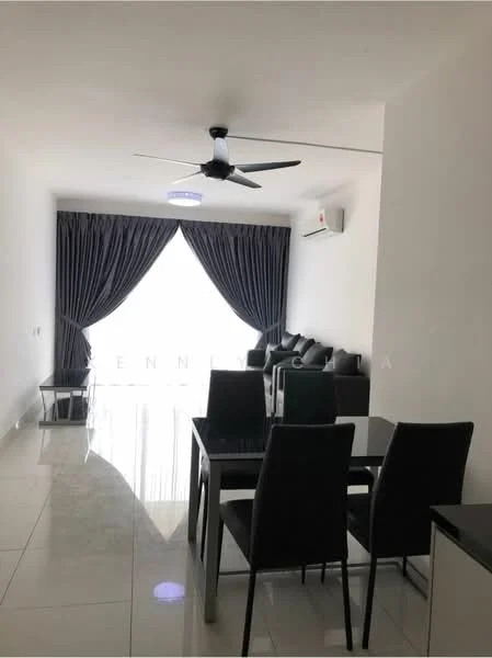 Dining features: dining table with black surface, 4 black upholstered dining chairs, white walls, glossy tile flooring, 5-blade ceiling fan with light, floor-to-ceiling windows with sheer curtains, air conditioning unit on wall, dark grey curtains; style: modern.