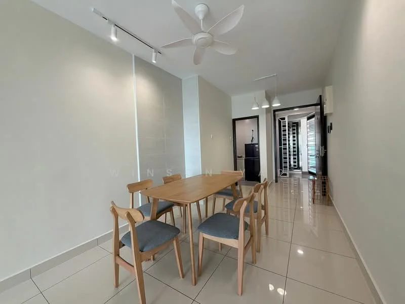 Dining features: rectangular wooden dining table, 4 wooden dining chairs with grey cushions, white painted walls, glossy ceramic tile flooring, ceiling fan, recessed lighting, open layout to hallway, visible kitchen area in background; style: modern.