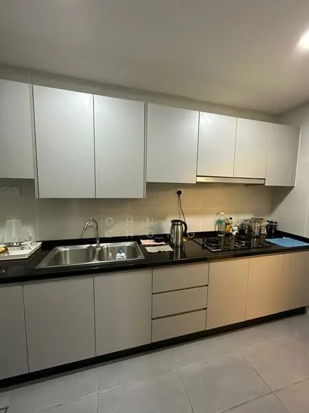 Kitchen features: grey cabinetry, black countertop, double-bowl stainless-steel sink, chrome pull-down faucet, built-in gas hob, built-in oven, kitchen backsplash, under-cabinet lighting, tile flooring, wall-mounted kitchen appliances, open shelving, kitchen utensils on countertop; style: modern.