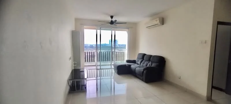 Living features: grey fabric sofa, glass coffee table, floor-to-ceiling sliding glass door, white painted walls, glossy tile flooring, ceiling fan, air conditioning unit, balcony view; style: modern; view: city.