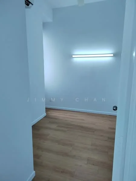 Room features: light blue painted walls, laminate flooring, LED strip lighting, white ceiling, door, window, neutral decor; style: modern.