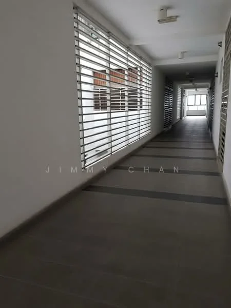 Room features: white painted walls, grey tile flooring, horizontal slatted windows, overhead lighting, narrow corridor layout; style: modern.