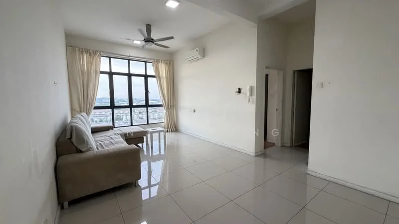 Living features: beige fabric sofa, glass coffee table, floor-to-ceiling windows, white painted walls, polished ceramic tile flooring, 5-blade ceiling fan with light, wall-mounted split AC, sheer curtains; style: modern; view: city. Room features: white painted walls, polished ceramic tile flooring, doorway leading to other rooms.