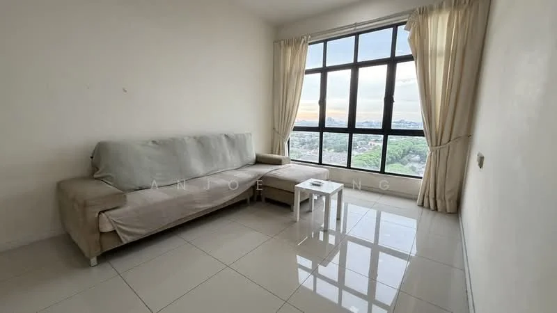 Living features: L-shape sectional sofa in beige, white walls, glossy ceramic tile flooring, floor-to-ceiling windows, sheer curtains, coffee table, city view, natural light; style: modern; view: city.