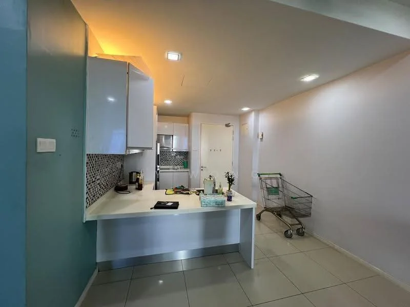 Kitchen features: white cabinetry, grey mosaic tile backsplash, white countertop, stainless-steel sink, chrome pull-down faucet, built-in oven, freestanding range oven, refrigerator, tile flooring, recessed downlights, open shelving, shopping cart, wall-mounted cabinet, door to hallway; style: modern.