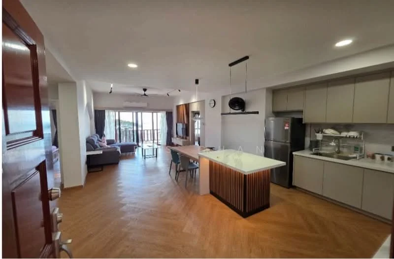 Living features: open-plan layout, wooden flooring, floor-to-ceiling windows, grey fabric sofa, coffee table, TV console, wall-mounted TV, recessed downlights, ceiling fan, dining table with chairs, kitchen island with seating, stainless-steel fridge, built-in cabinets, countertop with sink; style: modern; view: city.