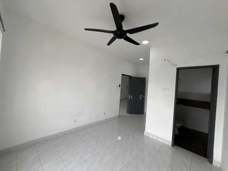 Room features: white painted walls, grey tiled flooring, 5-blade ceiling fan, recessed downlights, doorway leading to bathroom, doorway leading to another room, large window, no visible furniture; style: minimalist.