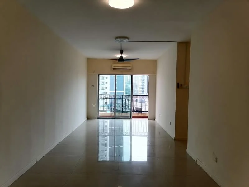 Living features: sliding glass door, floor-to-ceiling windows, balcony access, 5-blade ceiling fan, recessed downlights, white painted walls, glossy tile flooring, neutral color scheme; style: modern; view: city.