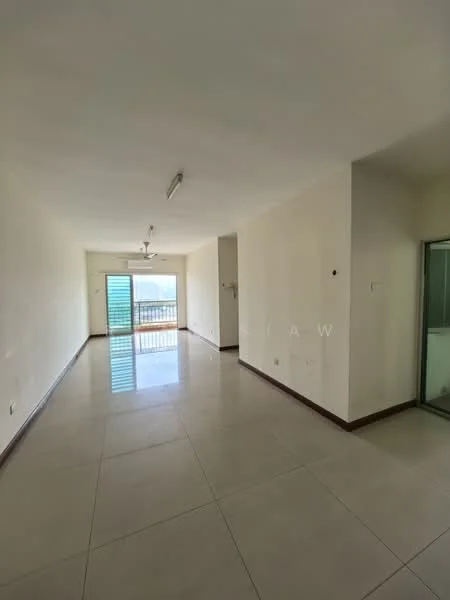 Room features: white painted walls, tile flooring, sliding glass door, floor-to-ceiling windows, recessed downlights, ceiling fan, balcony access, open layout; style: modern; view: city.