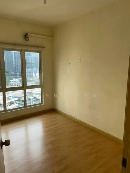 Room features: light wood laminate flooring, white painted walls, large windows with city view, single ceiling light fixture, no visible furniture; view: city.