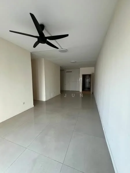 Living features: white painted walls, polished tile flooring, 5-blade ceiling fan, recessed downlights, large windows, open layout, neutral color scheme, no visible furniture; style: modern.
