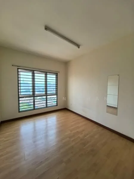 Room features: wooden flooring, white painted walls, large windows with horizontal slats, mirror on wall, ceiling light fixture, view of city skyline; style: modern; view: city.