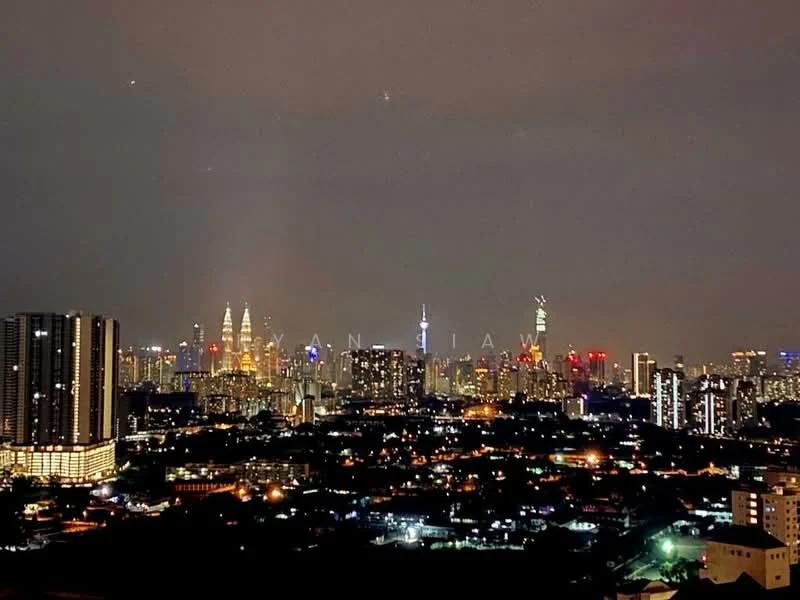 Exterior features: city skyline view, nighttime lighting, high-rise buildings, urban landscape, visible landmarks, mixed-use development, illuminated structures; style: modern.