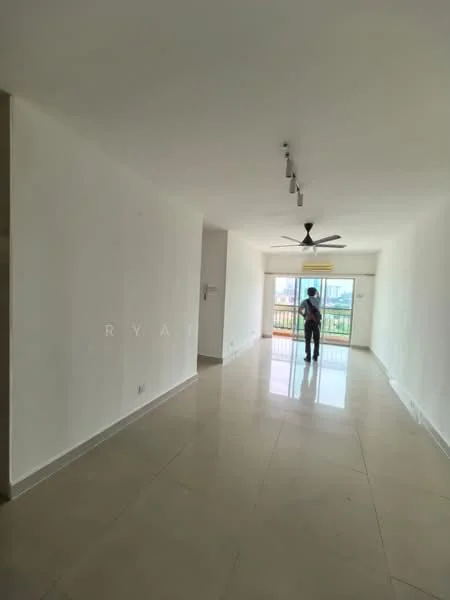 Living features: white painted walls, polished ceramic tile flooring, 5-blade ceiling fan with light, floor-to-ceiling windows, sliding glass door, balcony access, natural light, open layout; style: modern; view: city.