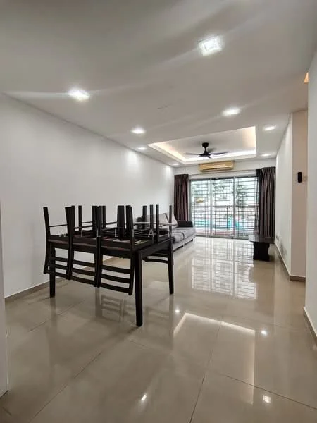 Living features: white painted walls, polished ceramic tile flooring, tray ceiling with recessed lighting, 5-blade ceiling fan, large windows with sheer curtains, dining table with chairs stacked, sofa, air conditioning unit; style: modern; view: garden.