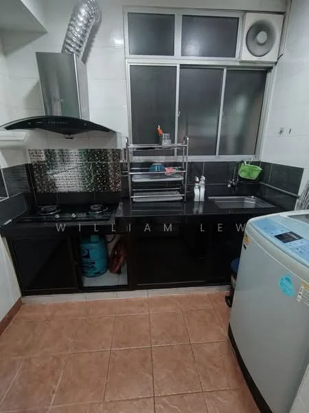 Kitchen features: black granite countertop, stainless-steel range hood, 4-burner gas hob, single-bowl stainless-steel sink, chrome pull-down faucet, black cabinetry with glass doors, built-in shelving, white washing machine, ceramic tile flooring, white tiled backsplash, window with city view, exhaust fan; style: modern; view: city.