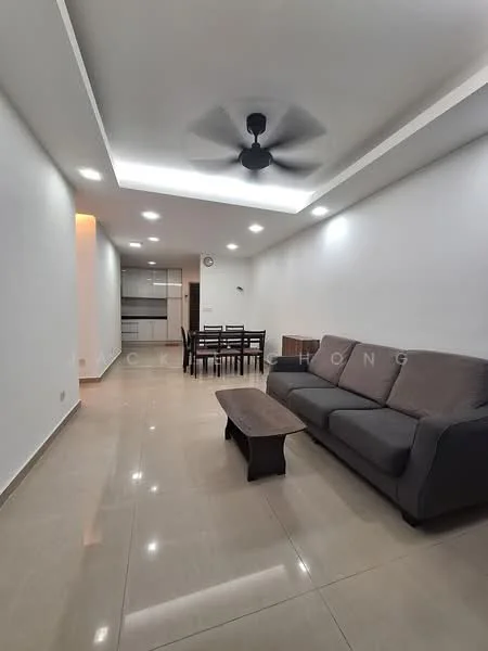 Living features: grey fabric 3-seater sofa, wooden coffee table, ceiling fan with light, recessed downlights, cream painted walls, glossy beige tile flooring, dining table with 6 chairs, open kitchen layout visible in background; style: modern.