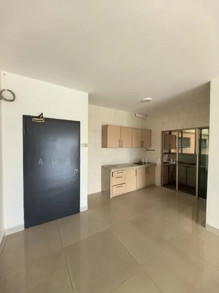 Kitchen features: light wood cabinetry, single-bowl stainless-steel sink, chrome pull-down faucet, white tiled backsplash, ceramic tile flooring, recessed downlights, open layout, countertop space, sliding glass door, window with view, neutral wall color; style: modern.