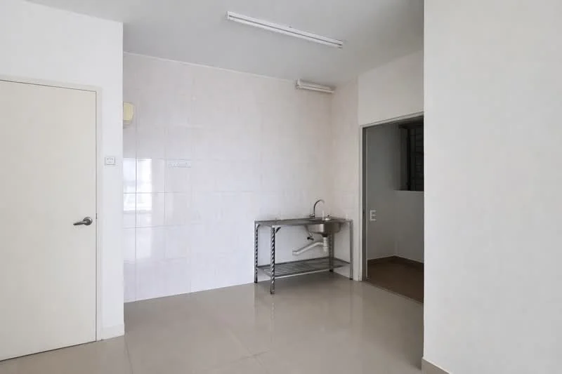 Laundry features: white tiled walls, cream tiled flooring, stainless-steel sink, metal sink stand, wall-mounted air conditioning unit, single door, window with security bars, fluorescent ceiling lights; style: modern.