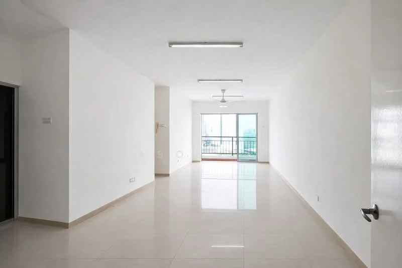 Living features: white painted walls, glossy ceramic tile flooring, recessed LED downlights, 5-blade ceiling fan, floor-to-ceiling windows, sliding glass door, balcony access, neutral color scheme; style: modern; view: city.