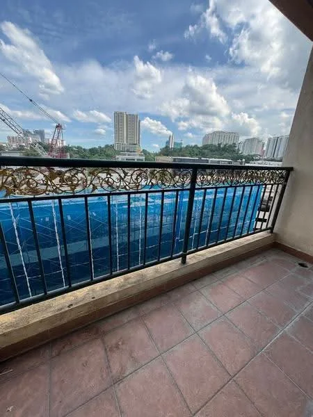 Balcony features: decorative wrought iron railing, terracotta tile flooring, city skyline view, covered balcony, outdoor space; view: city.