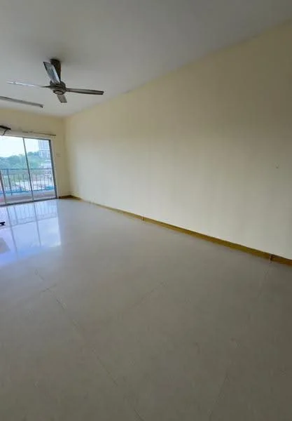 Room features: cream painted walls, polished floor tiles, 5-blade ceiling fan, floor-to-ceiling sliding glass door, balcony access, natural light from windows, neutral color scheme; style: modern; view: garden.