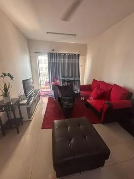 Living features: red fabric sofa, 2-seater sofa, 3-seater sofa, coffee table, TV console, wall-mounted TV, area rug in red, floor-to-ceiling windows, sheer curtains, ceiling fan, decorative plant, light-colored walls, tile flooring; style: modern.